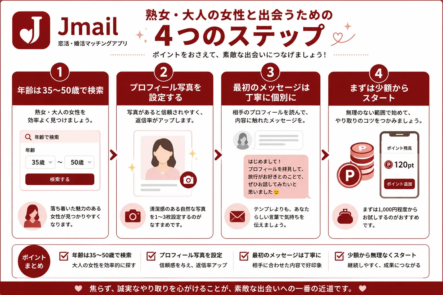 Jメールを最大活用して人妻・熟女と出会うコツのイラスト