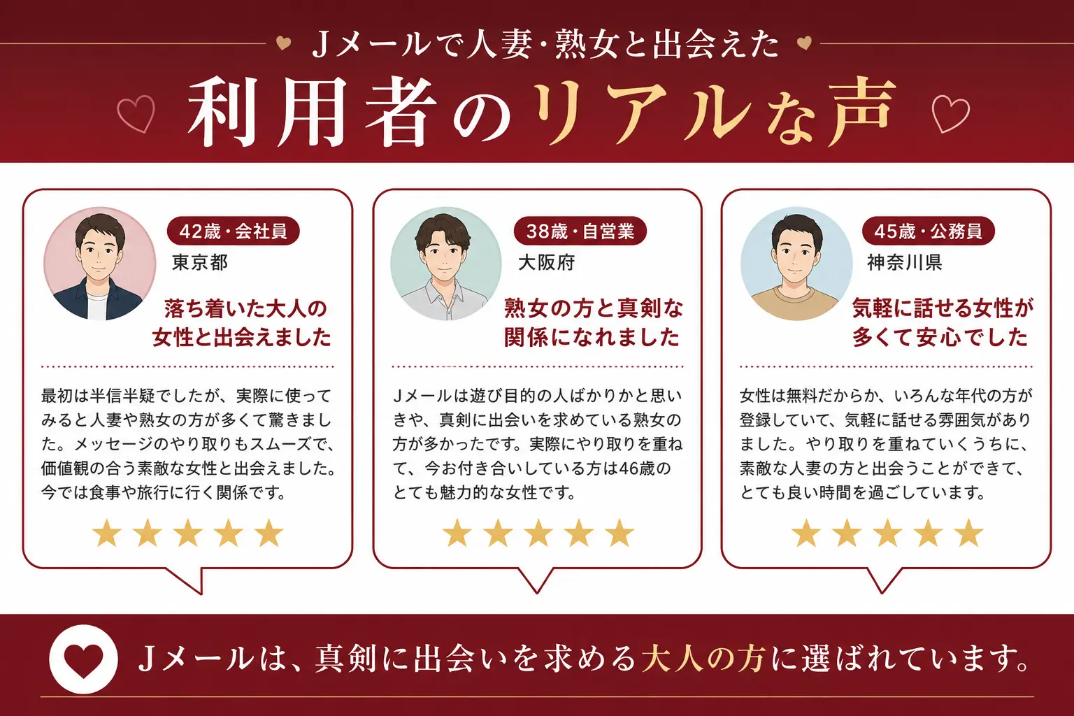 Jメールで大人の女性・熟女と出会えた口コミ体験談のイラスト